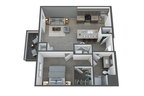 Floor plan for 1 bed, 1 bath, 723 sqft